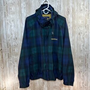 Nautica Vintage 90s Windbreaker Jacket Mens L Blue Green Tartan Hooded‎ Raincoat
